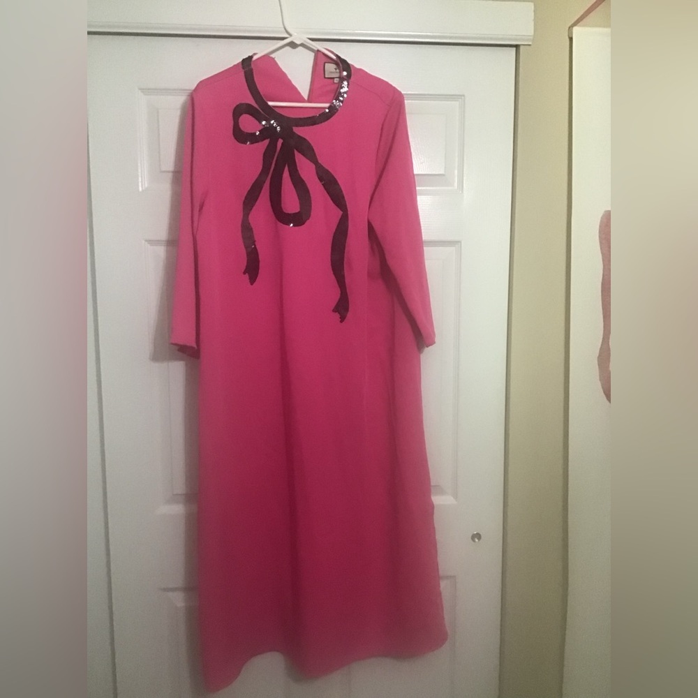 Bright Pink Long Sleeve Bow-Accent Maxi Dress